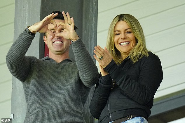 McElhenney has been pictured cheering from the stands as he watched Wrexham take on Stockport with his wife Kaitlin Olson (above).