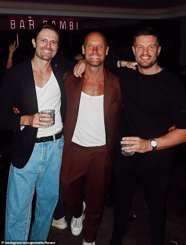 This comes just weeks after Molly's exes Morgan, 30 (left) and Justin, 34 (right), were spotted partying together at Bar Bambi in Melbourne with owner Nick Russian (centre). .
