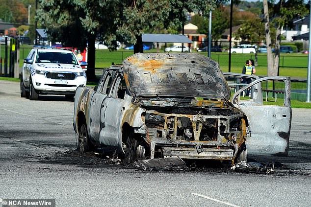 Toth's killers fled in a stolen Ford Ranger van, which was found burnt out (pictured) at Sweeny Reserve in Berwick.