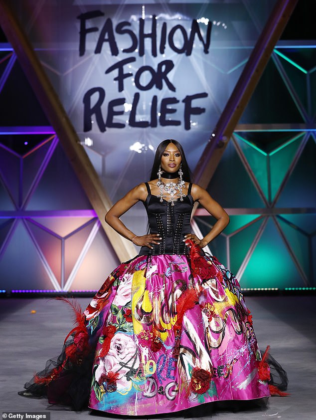 The Charity Commission said it was still carrying out an investigation into Fashion For Relief, which Campbell founded in 2005 (pictured: Campbell at a Fashion For Relief show in Cannes in 2018).