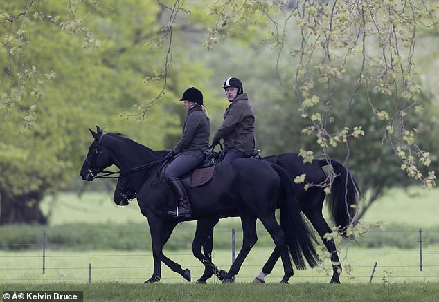 The Duke of York, 64, looked contemplative alongside his riding partner as they toured the Berkshire estate on their usual Saturday morning ride.