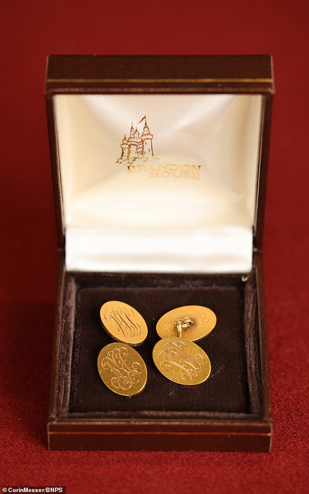 Next to the watch are a pair of gold cufflinks owned by Astor and his first-class accommodation plan on the Titanic (pictured).