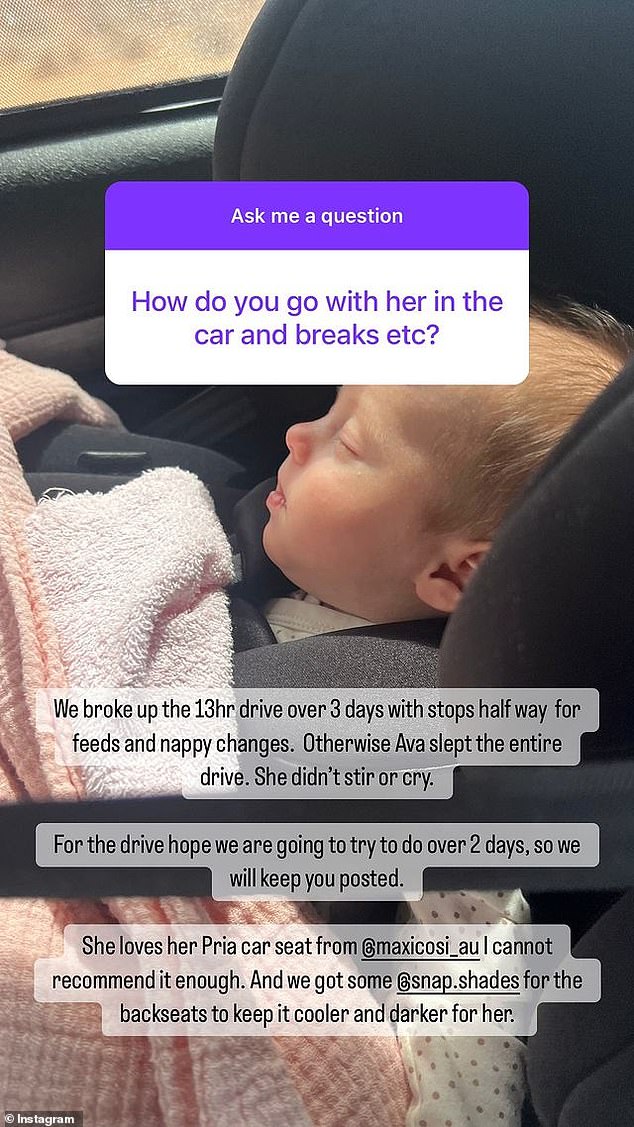 'We split the 13-hour trip over three days with stops halfway for feedings and nappy changes.  Otherwise, Ava slept the entire trip.  She didn't move or cry.