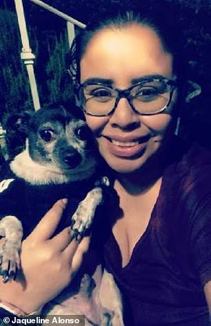 Jaqueline Alonso, 36, with her dog Spot, alleged victim of Velásquez