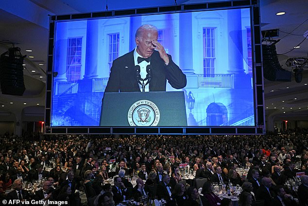 A separate Gallup poll shows that, compared to other presidents at this point in their terms, Biden, 81, is the least popular commander in chief of the past seven decades.  Pictured: Biden speaking to a room of reporters at the White House Correspondents' Association dinner at the Washington Hilton on Saturday.