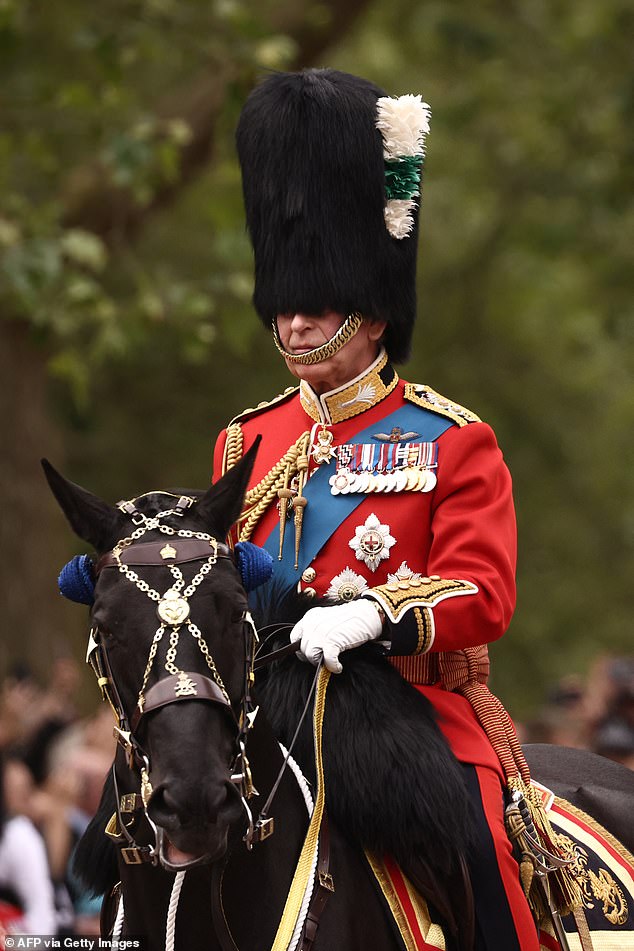 King Charles rides his horse, Noble, along The Mall after leaving Buckingham Palace during Trooping the Color on June 17, 2023.
