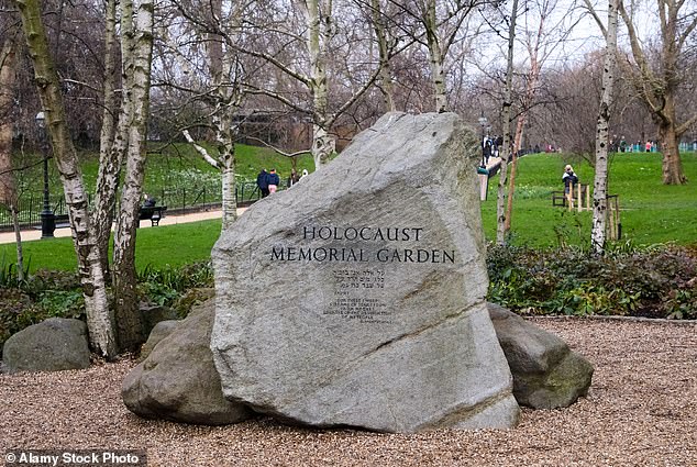 The monument consists of two rocks that lie within a bed of gravel, surrounded by a birch grove.  It is inscribed in both English and Hebrew with the words 