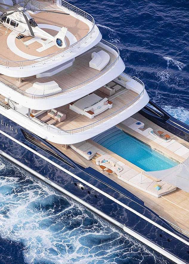The ten-deck floating palace is the second largest expedition yacht in the world and features two helipads, a swimming pool and a mini-submarine.