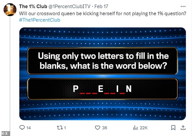 The question was: 'Using only two letters to fill in the blank, what is the word that appears next?  P _ _ _ E _ _ I _ N'.  The answer was 'Possession'