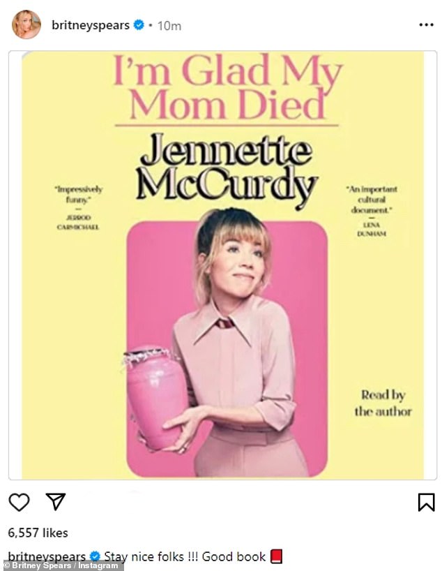 She also made a direct statement with her latest book recommendation, posting the cover of I'm Glad My Mom Died by Jennette McCurdy.