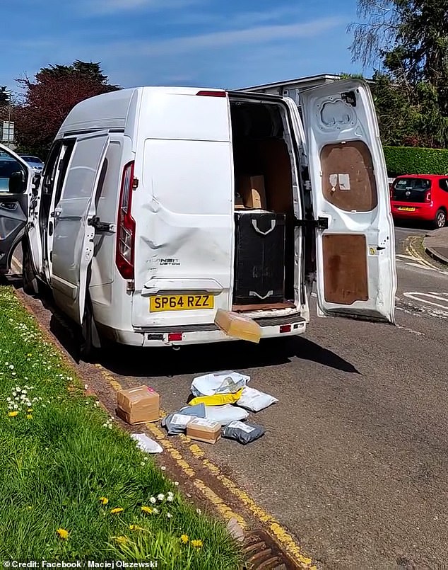 A large cardboard package can be seen being thrown from the white van into a growing pile of packages dumped in the gutter.