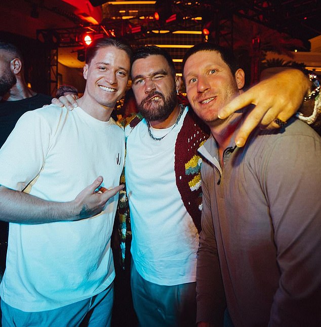 Kelce posed for a photo alongside Kygo and his manager at the Las Vegas party on Saturday night.