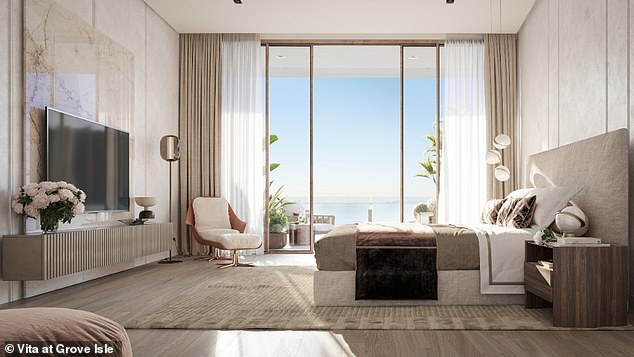 The new Vita's 65 residences have panoramic bay views, with prices starting at $2.7 million.  One of the bedrooms is seen here.