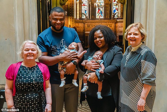 Pictured: Zayne and Zion with their mom and dad and their chaplain family at Great Ormond Street Hospital.