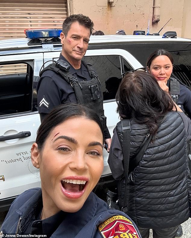The former backup dancer currently plays Bailey Nune, the firefighter wife of Los Angeles Police Officer John Nolan (2-L, Nathan Fillion), on the sixth season of The Rookie, which resumes Tuesday on ABC.