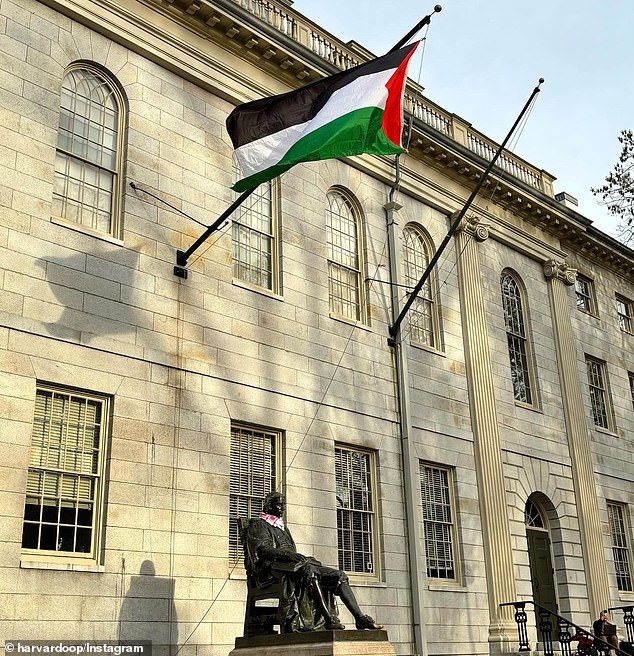 In other images, the Palestinian flag was seen draped across John Harvard's lap, along with a keffiyeh around his neck.