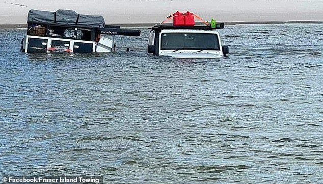 Incredible photos of the costly misadventure showed the Jeep's roof barely sticking out of the water.