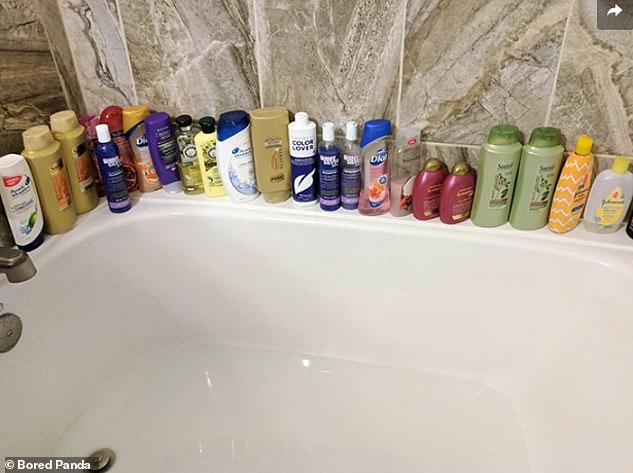 This image of a bathroom surrounded by shampoo bottles, believed to be from the US, demonstrates that one person's penchant for hoarding can leave otherwise content couples at a loss.