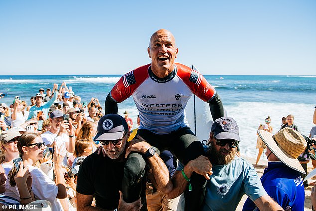 Many thought Slater had retired when he was presided over from the beach following his elimination from the Margaret River Pro (pictured).