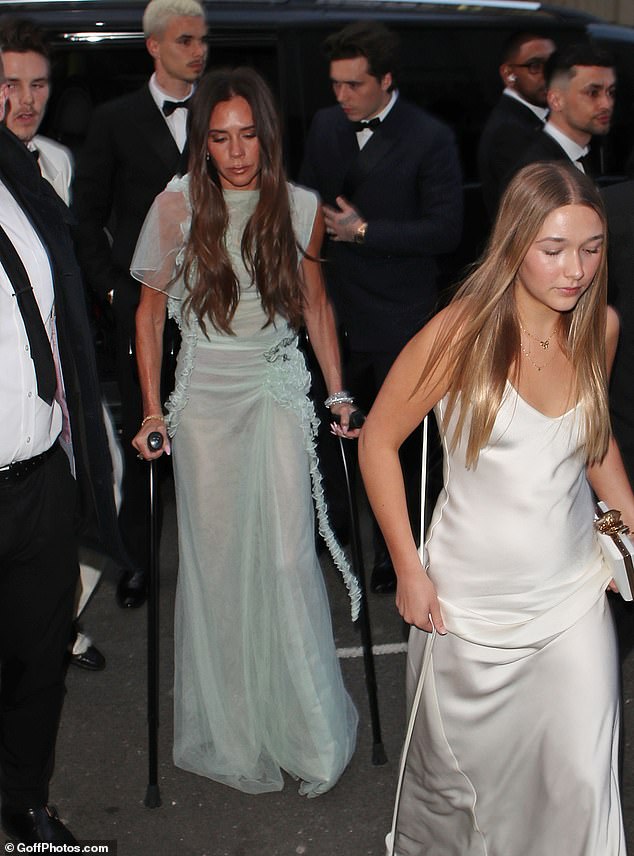 Mum-of-four Victoria looked sensational as she arrived at her star-studded 50th birthday party in London on crutches earlier this month alongside her family.