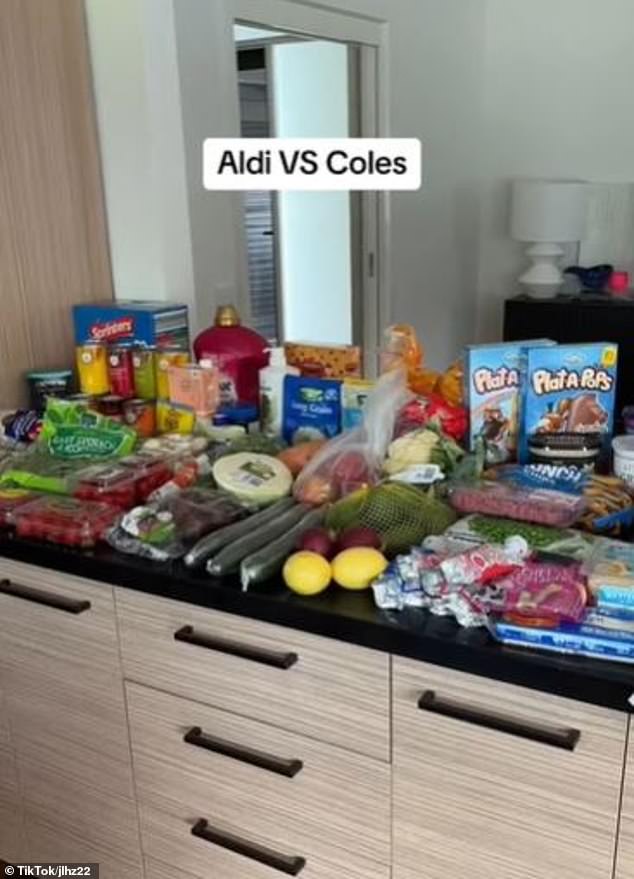 Lidia always shops at Aldi first to buy the bulk of her shopping list before visiting Coles to pick up a few extra items.  On one trip, her huge Aldi haul of more than 35 items cost her $255 (pictured), while the handful of additional items bought at Coles cost her $78.