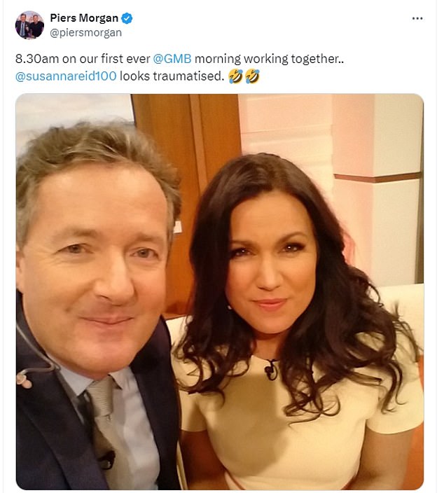 In a nostalgic mood, Piers shared another photo of himself with Susanna on Monday, telling his X followers that the photo was taken at '8:30am on our first morning ¿@GMB¿'.
