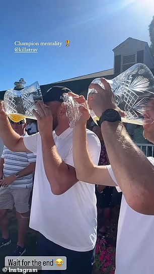 Kelce and his partner drink beers from glass bowls.