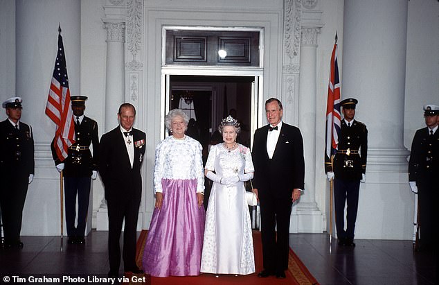 Prince Philip (from left), first lady Barbara Bush, Queen Elizabeth and President George HW Bush pose for a photograph at the state dinner that was part of the monarch's visit to the White House in May 1991.