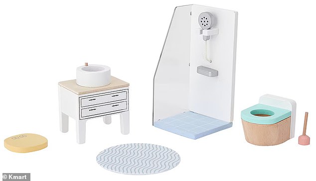 The Wooden Dollhouse six-piece bathroom set including shower, toilet, plunger, shower mat, scale and sink.
