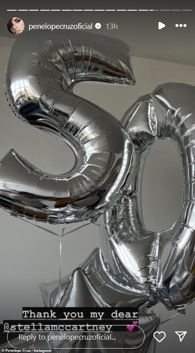 Penelope shared an image of a large display of balloons with the numbers 50 and revealed that they were a gift from the daughter of superstar and fashion designer Stella McCartney.