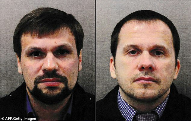 This combination of undated photographs released by the British Metropolitan Police Service created in London on September 5, 2018 shows Ruslan Boshirov (L) and Alexander Petrov, wanted by British police in connection with the nerve agent attack on the former Russian spy Sergei.  Skripal and his daughter Yulia