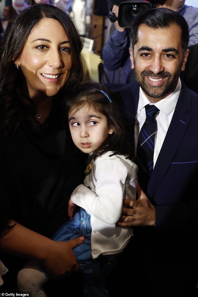 Humza (pictured with his wife and daughter) narrowly won the bitter five-week battle to succeed Nicola Sturgeon on March 27, 2023.