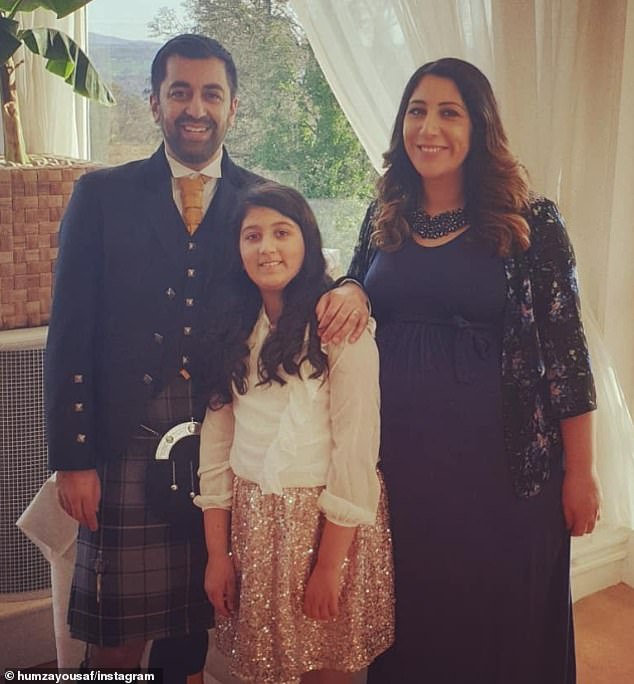 Mrs El-Nakla (pictured with Mr Yousaf, left), 39, to a Palestinian father, was born in Scotland.  She married Yousaf in 2019 and the couple live in Broughty Ferry, near Dundee.