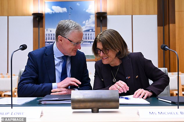 In April 2021, Commonwealth Bank, Australia's largest property lender, was offering variable mortgage rates of 2.69 per cent (pictured, Michelle Bullock with her Reserve Bank Governor predecessor Philip Lowe).
