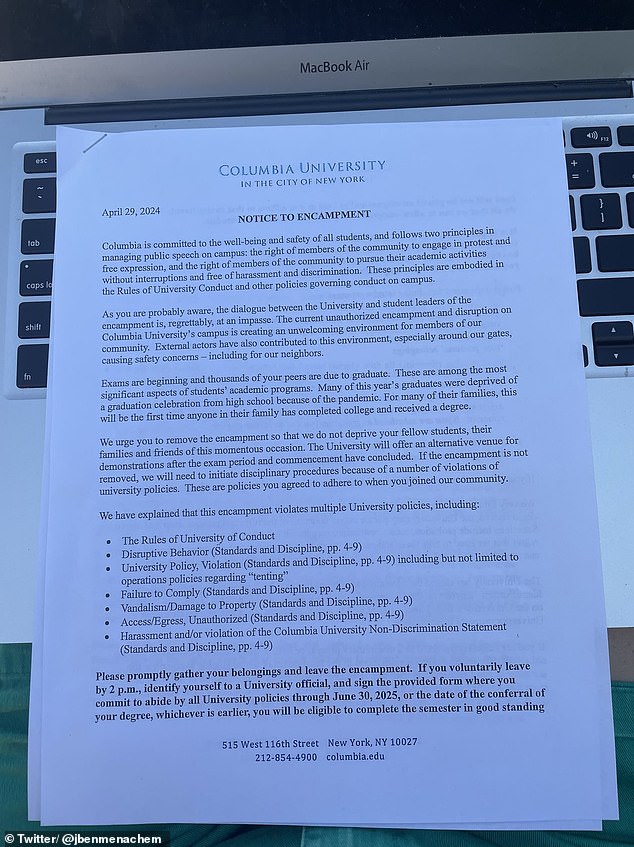 Columbia University has asked protesters to sign a document pledging to 