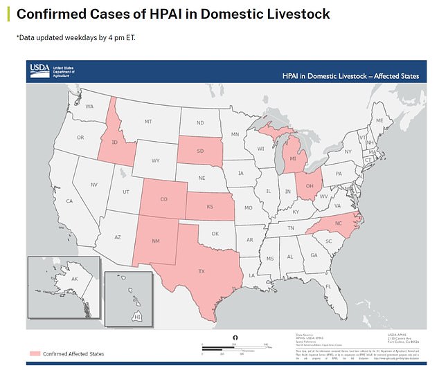 The map above shows states with infected cattle.  Cases of the virus have been reported in a total of 34 herds.