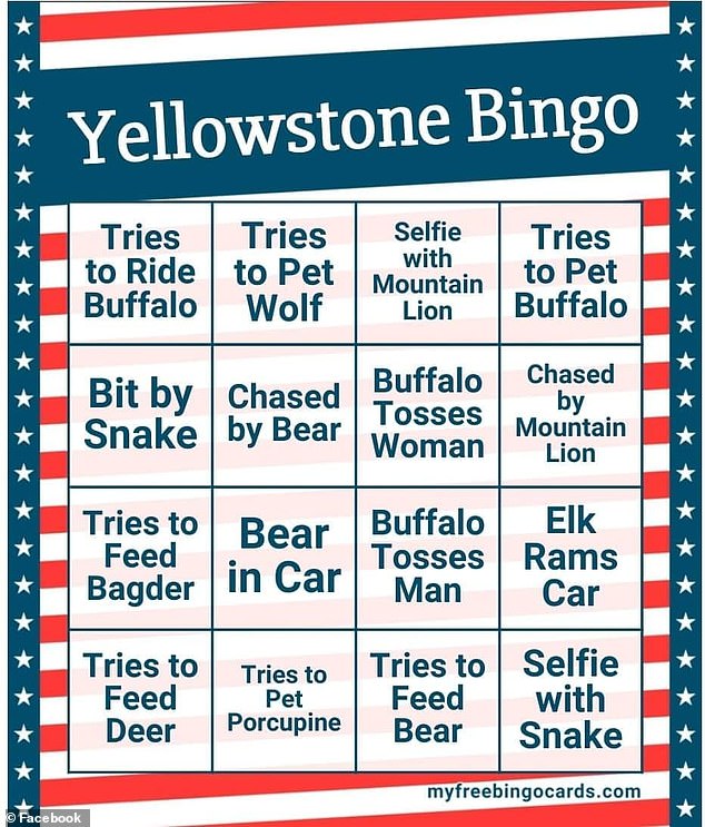 Meme posted on April 20, 2024 in the Facebook group - Yellowstone National Park: Invasion of the Idiots by Facebook user Tim Owen.  Owen wrote: 'I received my Yellowstone bingo card!  I wonder how many of the stupid things the stupid visitor does I'll write down this season.