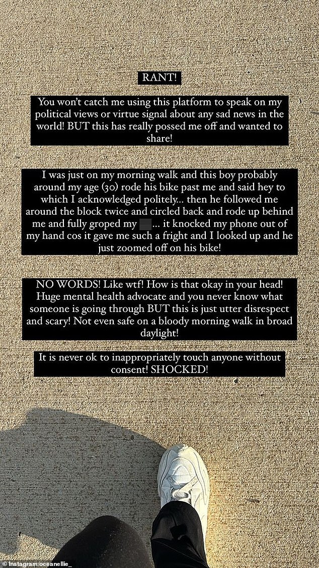 She posted a 'rant' on her Stories, explaining that a man allegedly followed her on his bike before approaching and grabbing her butt without consent.