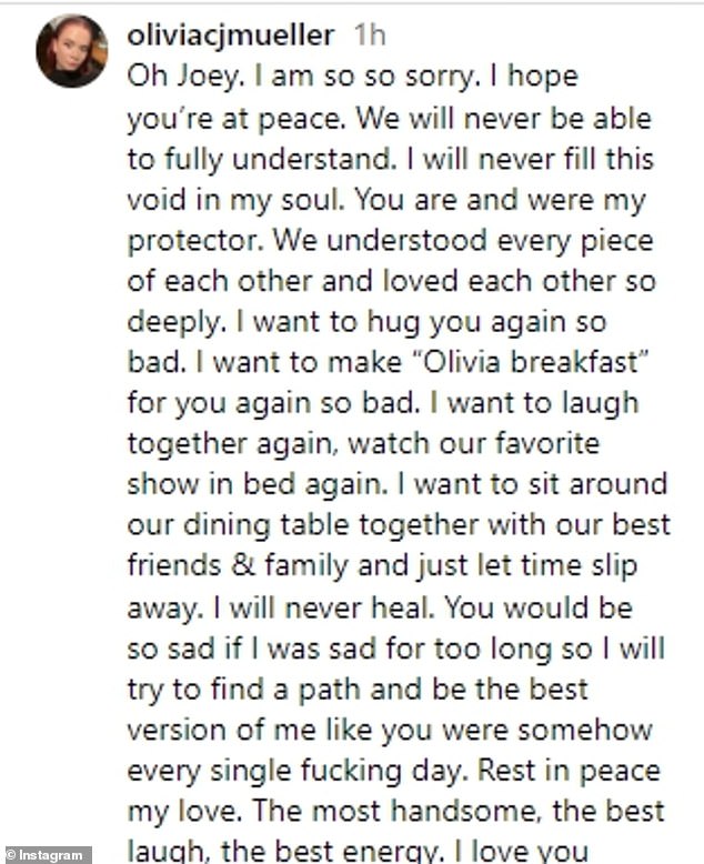Fecci's girlfriend's Instagram post in memory of the young chef