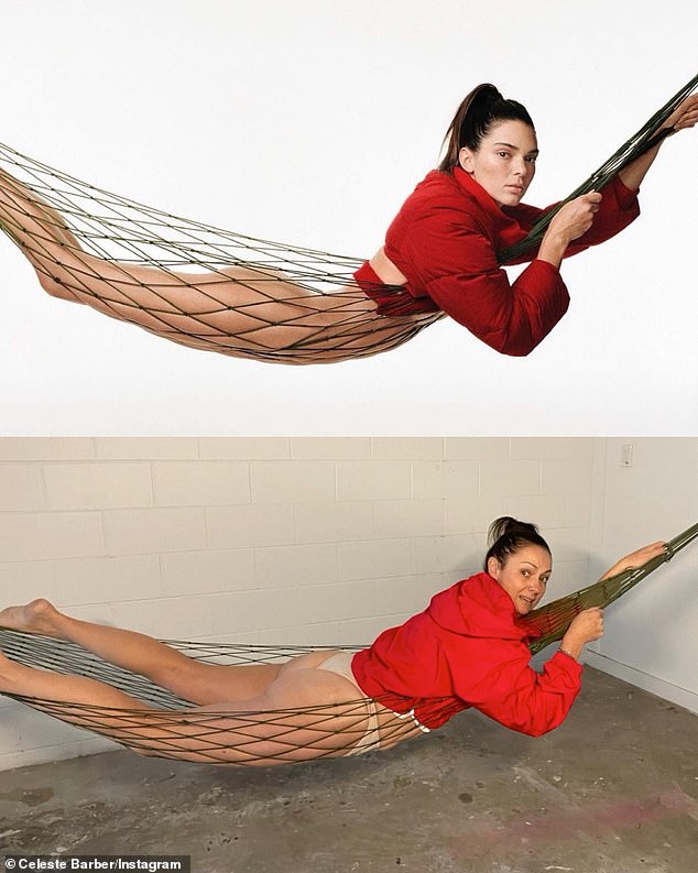 Celeste (below) also targeted Kendall Jenner (above) in June 2022 by spoofing the model's pose in her underwear in a hammock.
