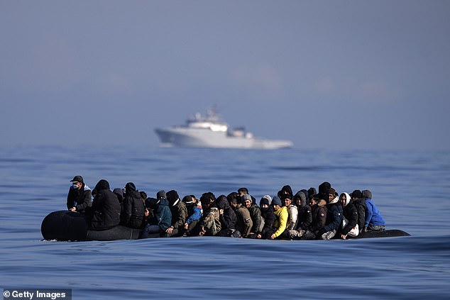 Clumsy Home Office officials have admitted they cannot find thousands of migrants who will be deported to Rwanda (pictured: migrants cross the English Channel in a small boat in March)
