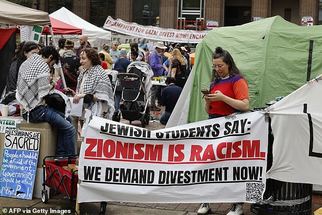 Pro-Palestinian students protest at an encampment on the University of Michigan campus in Ann Arbor, Michigan, on April 28, 2024.