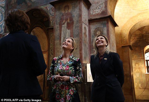 Sophie, the Duchess of Edinburgh, was seen smiling as she looked at the roof of St. Sophia Cathedral alongside Olena Zelenska.