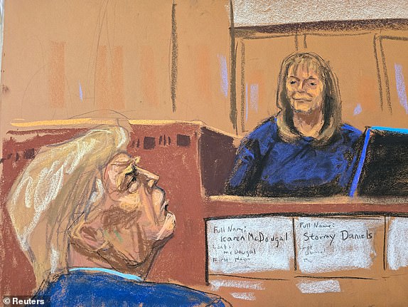 Rhona Graff testifies as former US President Donald Trump looks on during the criminal trial of Trump accused of falsifying business records to hide money paid to hush porn star Stormy Daniels in 2016, at Manhattan State Court in New York City, USA .USA, April 26, 2024. in this sketch of the courtroom.  REUTERS/Jane Rosenberg