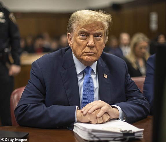 NEW YORK, NEW YORK - APRIL 26: Former US President Donald Trump appears in court during his trial for allegedly covering up hush money payments in Manhattan Criminal Court on April 26, 2024 in the New York City.  Former US President Donald Trump faces 34 felony counts of falsifying business records in the first of his criminal cases to go to trial.  (Photo by Dave Sanders-Pool/Getty Images)