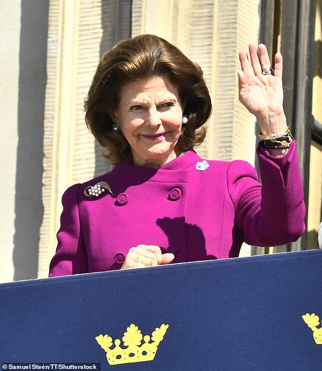Queen Silvia of Sweden looked elegant as she sported a vibrant fuchsia button-down jacket for her husband's special day.