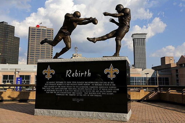 Gleason's blocked punt after Hurricane Katrina has been immortalized in a statue