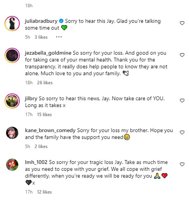 Jay's followers took to the comments section to share their condolences.
