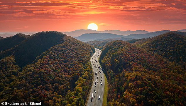 The road trip includes a drive through the Smoky Mountains into North Carolina.  Pictured: Highway I-40 in North Carolina leading to Asheville through the Appalachian Mountains
