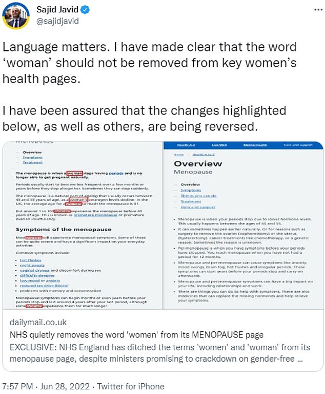 In 2022, Sajid Javid vowed to reverse gender-neutral language on NHS boards after MailOnline revealed the term 
